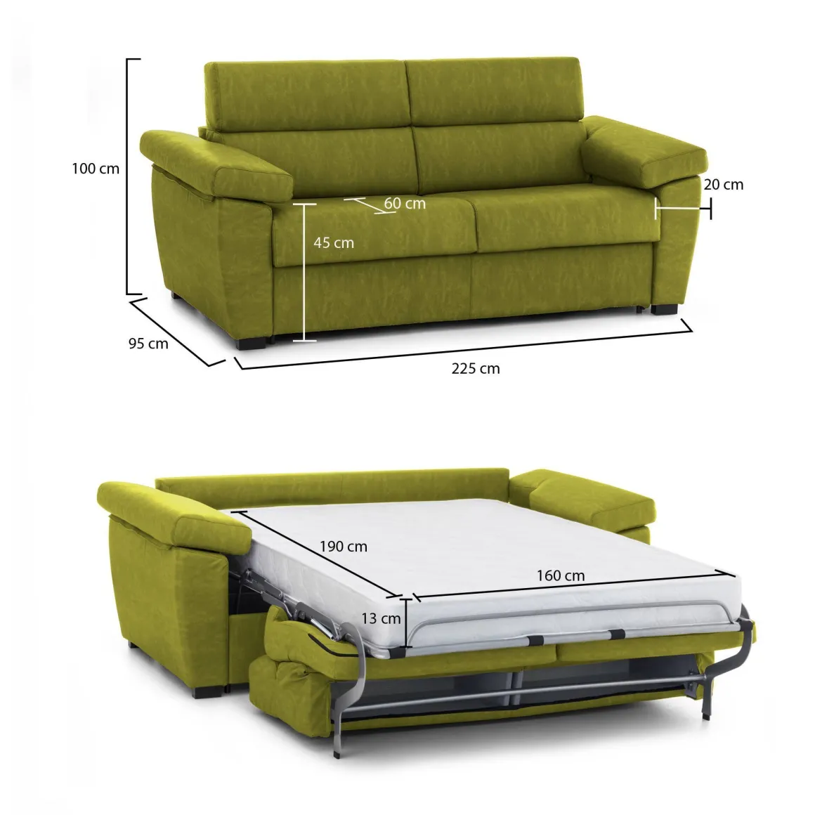 Divano Letto 3 Posti Verde Sfoderabile Contenitore 225x95 cm, Lavabile Made in Italy - Trino
