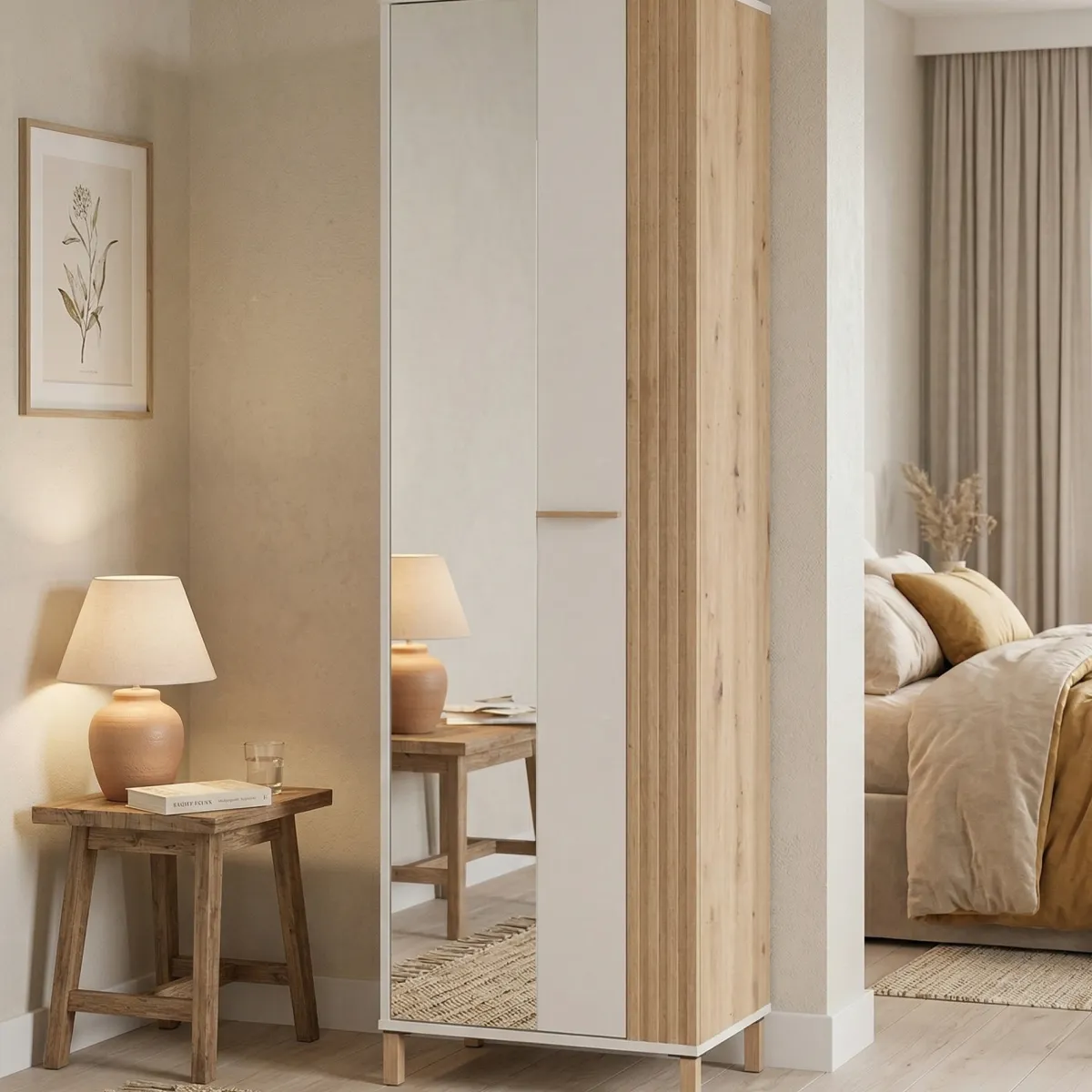 Guardaroba 1 Anta > Dmora Guardaroba 1 Anta Bianco Crema Marrone Rovere Nodi Appendiabiti 4 Ripiani, 5 Vani - Pesco Marrone Rovere Nodi, Bianco Crema