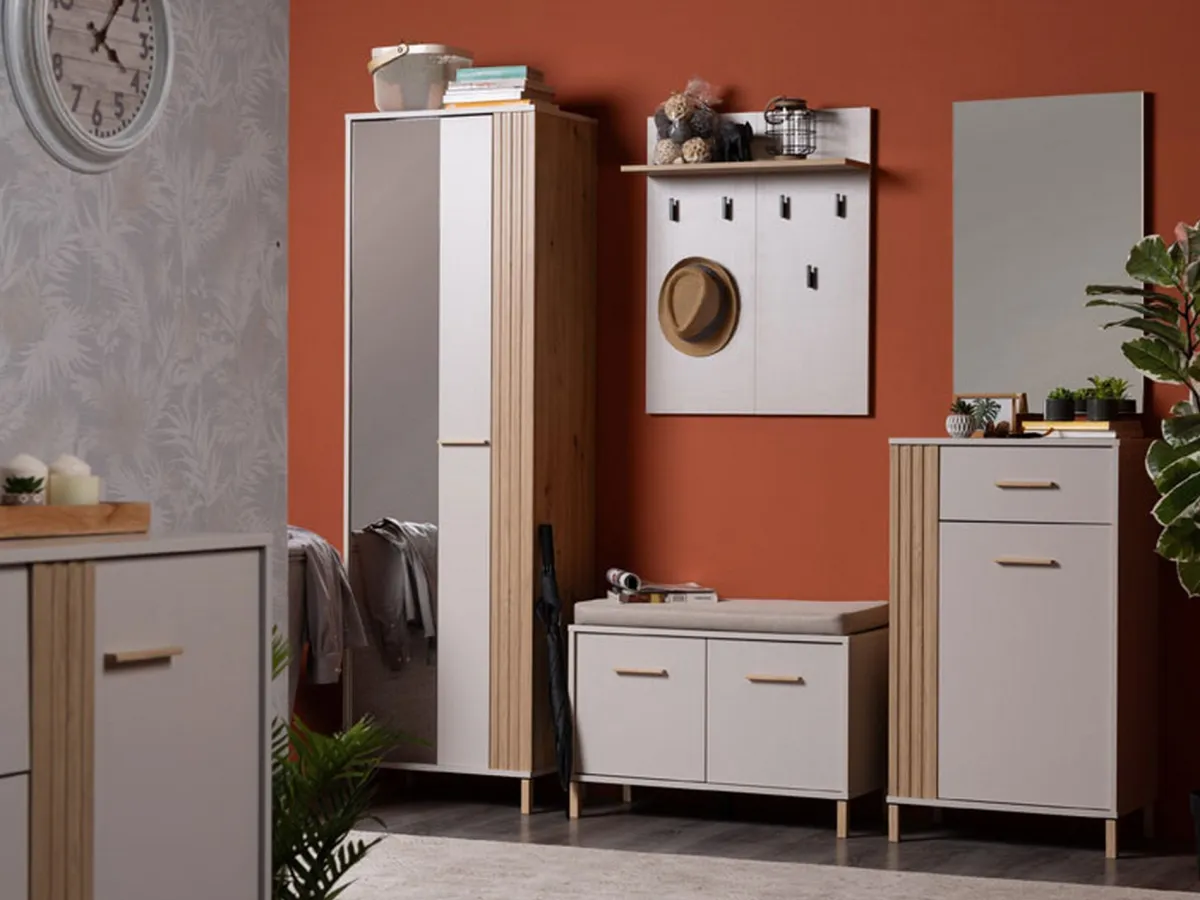 Guardaroba 1 Anta > Dmora Guardaroba 1 Anta Bianco Crema Marrone Rovere Nodi Appendiabiti 4 Ripiani, 5 Vani - Pesco Marrone Rovere Nodi, Bianco Crema