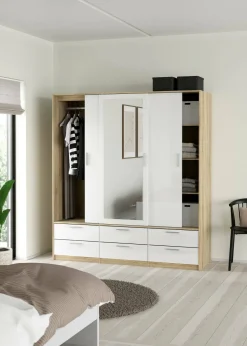 Guardaroba 3 Ante > Dmora Guardaroba 3 ante Anabelle, Mobile camera da letto, Cabina armadio portabiti, Armadio appendiabiti, 181x60 h200 cm, Quercia e Bianco Bianco Lucido, Marrone Quercia