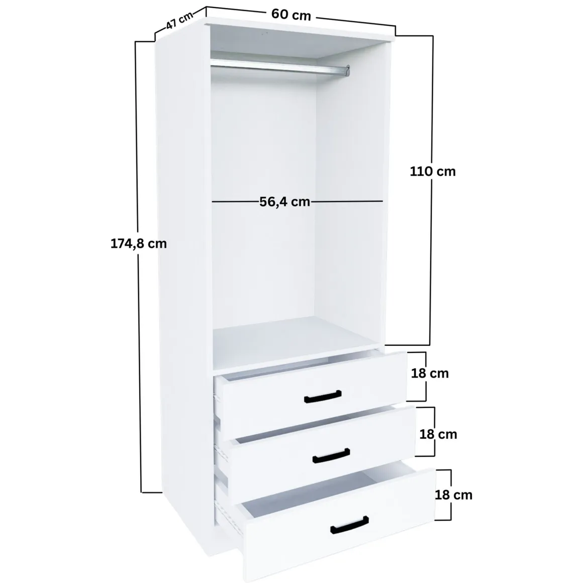 Guardaroba 2 Ante Bianco Appendiabiti 3 Cassetti 60x175h cm, Apertura Battente, Scorrevole - Sondrio