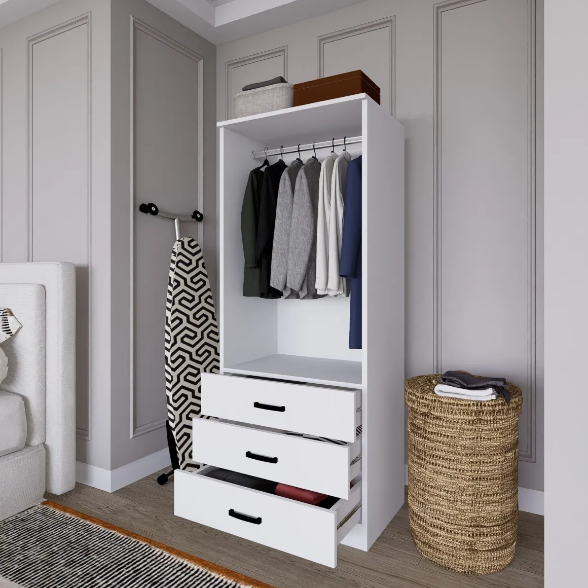 Guardaroba 2 Ante Bianco Appendiabiti 3 Cassetti 60x175h cm, Apertura Battente, Scorrevole - Sondrio