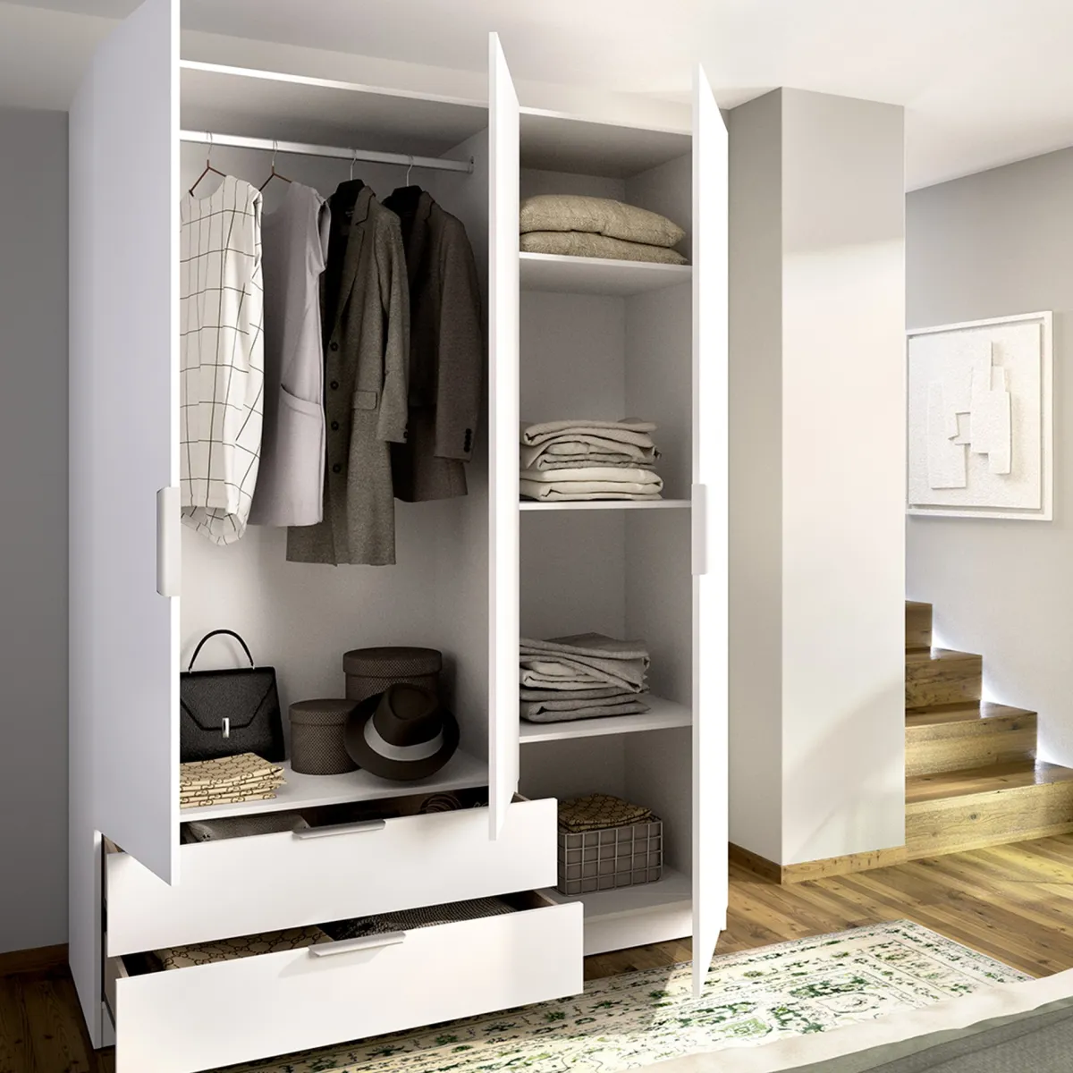 Guardaroba 3 Ante > Dmora Guardaroba 3 Ante Appendiabiti 2 Cassetti 51x137 cm, 3 Ripiani - Mayos Bianco
