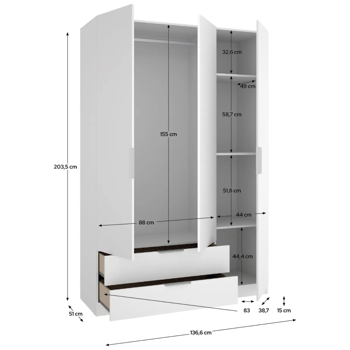 Guardaroba 3 Ante > Dmora Guardaroba 3 Ante Appendiabiti 2 Cassetti 51x137 cm, 3 Ripiani - Mayos Bianco