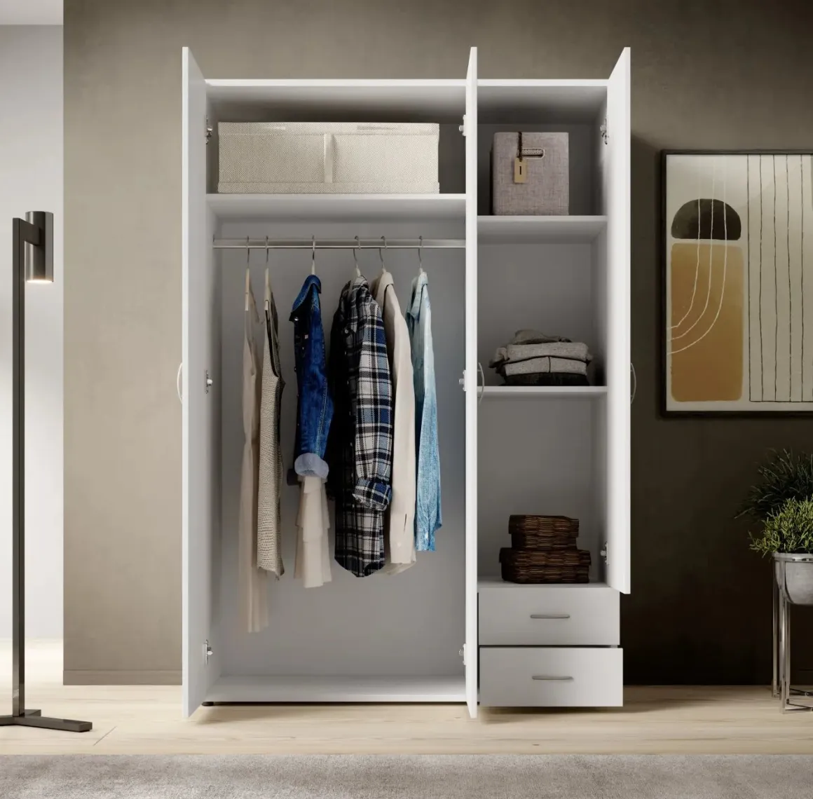 Guardaroba 3 Ante > Dmora Guardaroba 3 Ante Appendiabiti 4 Ripiani 120x52 cm, 3 Ante - Licodia Bianco