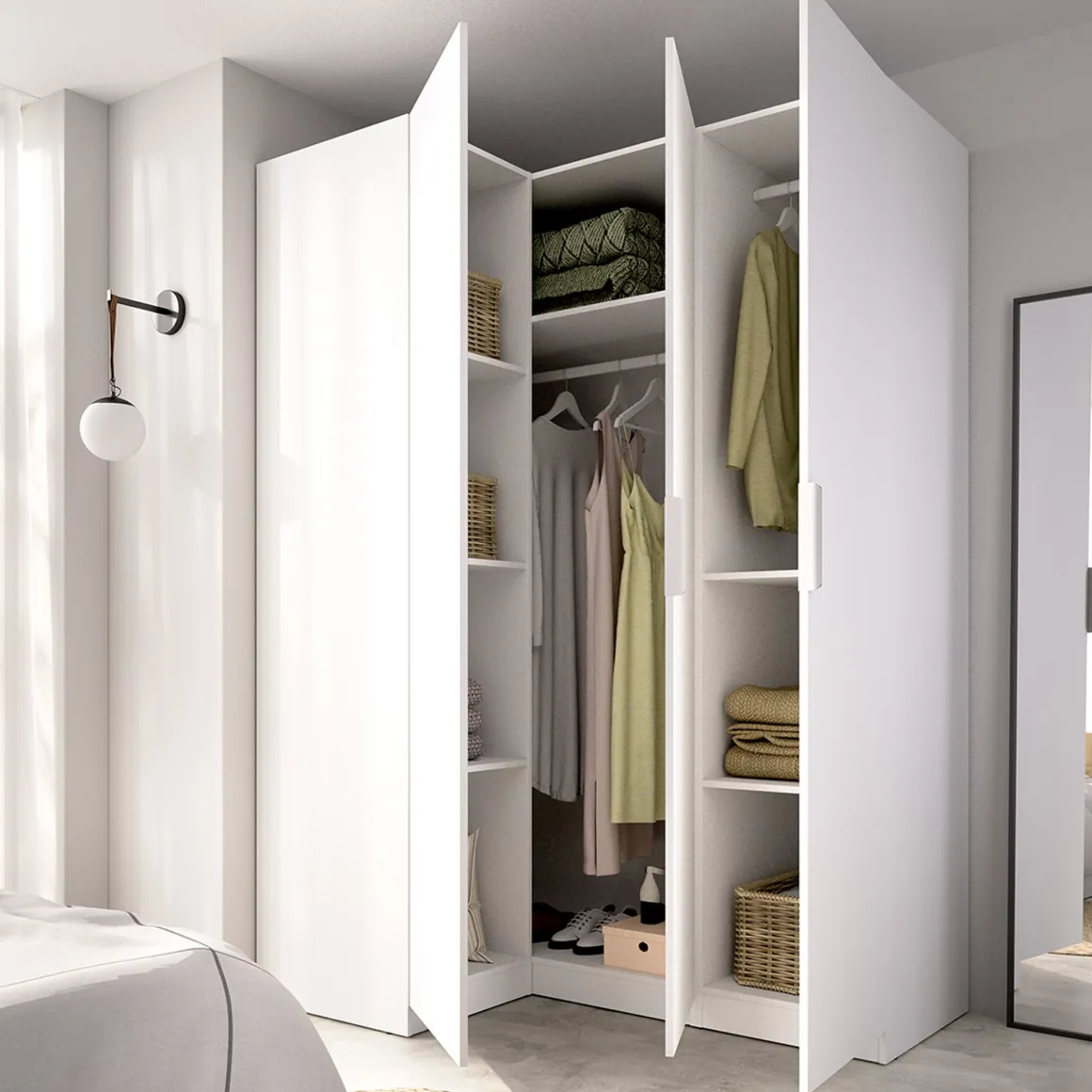 Guardaroba 3 Ante Bianco Appendiabiti Cassetti 95x142 cm, 6 Ripiani - Reeves