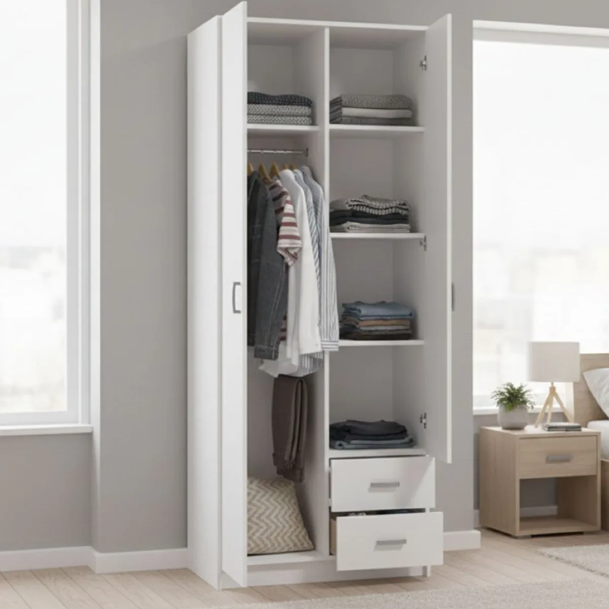 Guardaroba 2 Ante > Dmora Guardaroba 2 Ante Bianco Bianco Appendiabiti 2 Cassetti 80x205h cm, 4 Ripiani - Cimena Bianco, Bianco