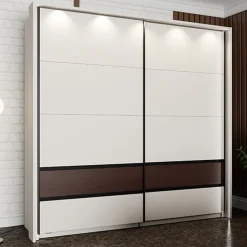 Guardaroba 2 Ante > Dmora Guardaroba 2 Ante Bianco Crema Marrone Noce 2 Ripiani Appendiabiti 220x217h cm, Apertura Scorrevole - Vangvi Marrone Noce, Bianco Crema