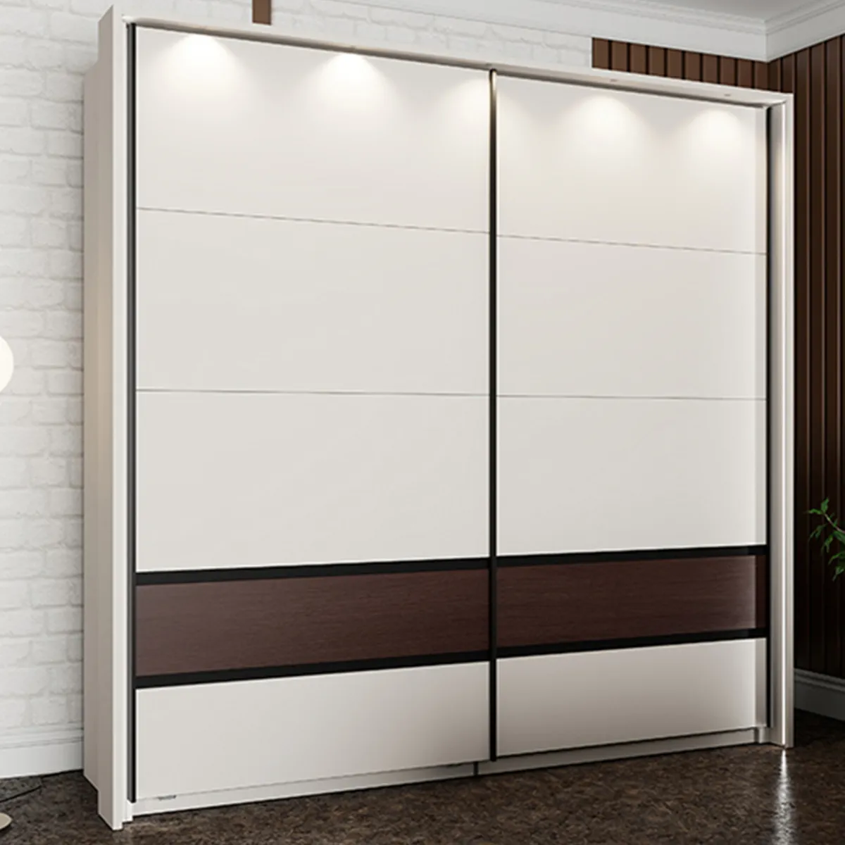 Guardaroba 2 Ante > Dmora Guardaroba 2 Ante Bianco Crema Marrone Noce 2 Ripiani Appendiabiti 220x217h cm, Apertura Scorrevole - Vangvi Marrone Noce, Bianco Crema
