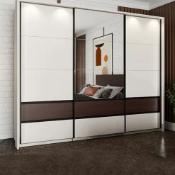 Guardaroba 3 Ante > Dmora Guardaroba 3 Ante Bianco Crema Marrone Rovere 4 Ripiani Appendiabiti 117x54 cm, Apertura Battente - Bhakta Marrone Rovere, Bianco Crema