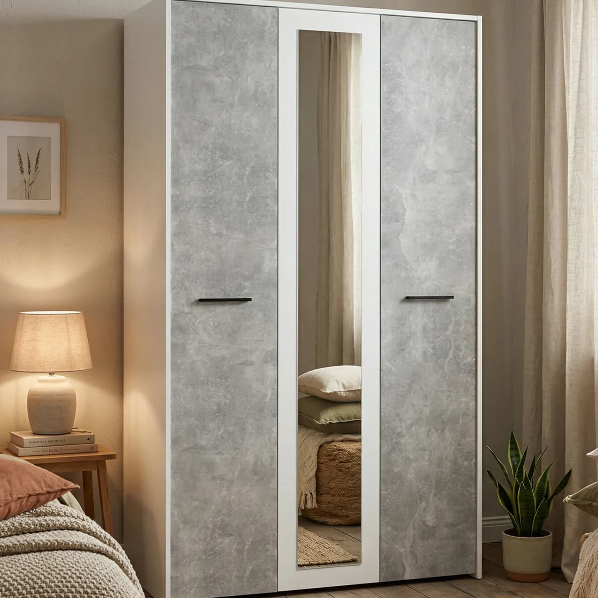 Guardaroba 3 Ante > Dmora Guardaroba 3 Ante Bianco Grigio Cemento Appendiabiti 5 Ripiani 119x53 cm, 3 Ante - Lavagno Grigio, Bianco Cemento