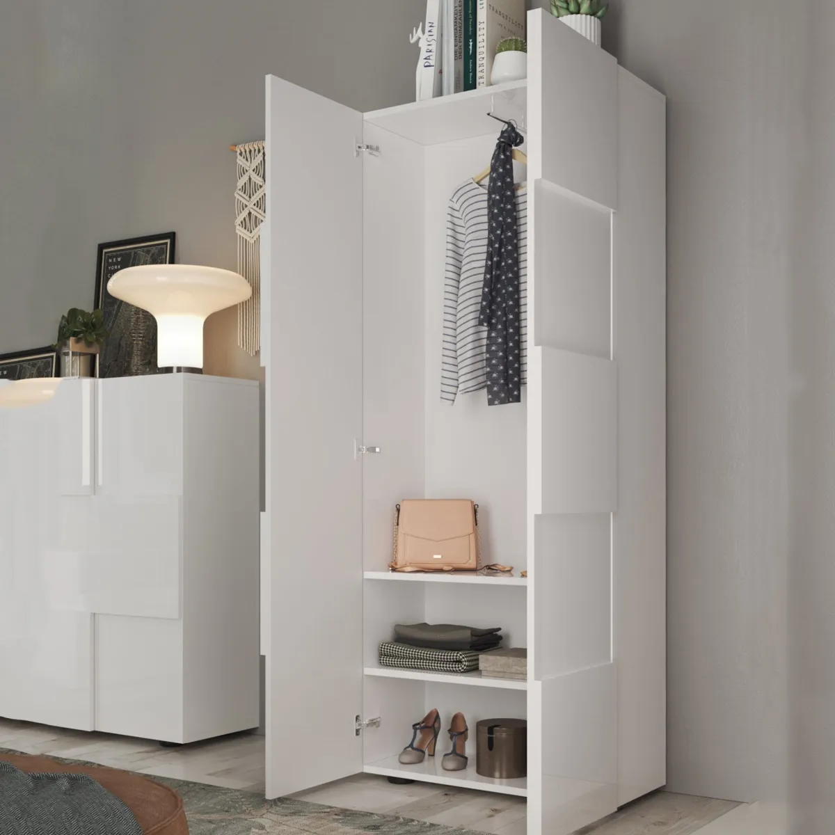Guardaroba 2 Ante > Dmora Guardaroba 2 Ante 2 Ripiani Appendiabiti 78x186.5h cm, Apertura Standard - Comerio Bianco Lucido