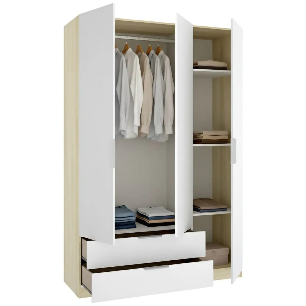 Guardaroba 3 Ante > Dmora Guardaroba 3 Ante Bianco Marrone Rovere Appendiabiti Cassetti 95x142 cm, 6 Ripiani - Reeves Marrone Rovere, Bianco
