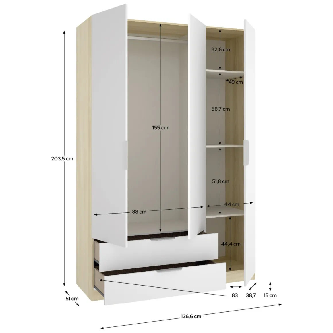 Guardaroba 3 Ante > Dmora Guardaroba 3 Ante Bianco Marrone Rovere Appendiabiti Cassetti 95x142 cm, 6 Ripiani - Reeves Marrone Rovere, Bianco