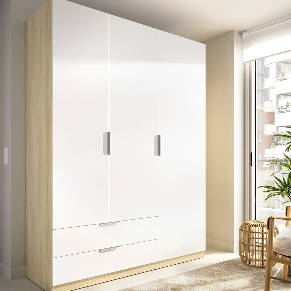 Guardaroba 3 Ante > Dmora Guardaroba 3 Ante Bianco Marrone Rovere Appendiabiti Cassetti 95x142 cm, 6 Ripiani - Reeves Marrone Rovere, Bianco