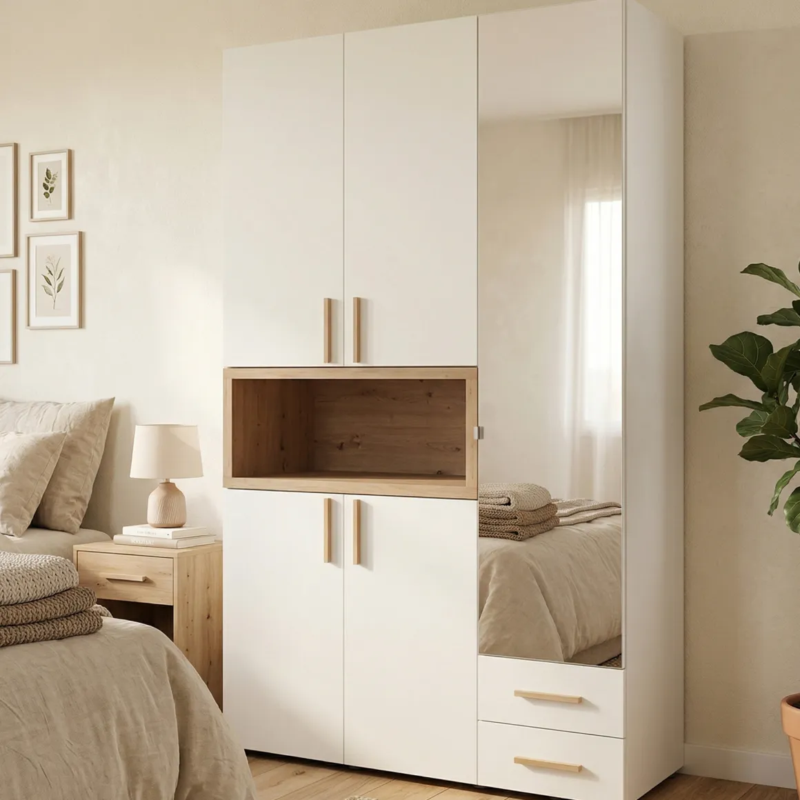 Guardaroba 3 Ante Bianco Marrone Rovere Nodi Appendiabiti 2 Cassetti 134.5x56 cm, 6 Ripiani - Pianezze