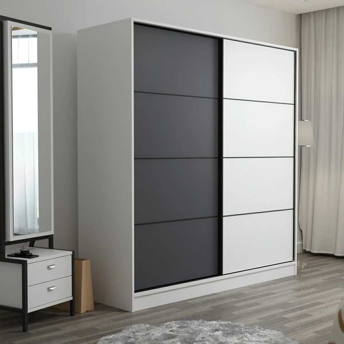 Guardaroba 2 Ante > Dmora Guardaroba 2 Ante Bianco Nero Antracite 5 Ripiani Appendiabiti 180x210h cm, Apertura Scorrevole - Cuvio Nero, Bianco Antracite