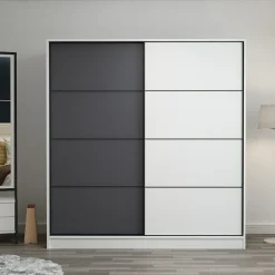 Guardaroba 2 Ante > Dmora Guardaroba 2 Ante Bianco Nero Antracite 5 Ripiani Appendiabiti 180x210h cm, Apertura Scorrevole - Cuvio Nero, Bianco Antracite