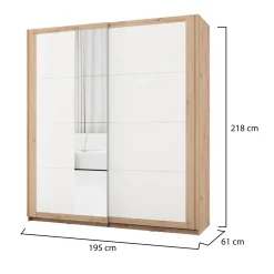 Guardaroba 2 Ante > Dmora Guardaroba 2 Ante Bianco Opaco Marrone Rovere 2 Ripiani Appendiabiti 195x218h cm, Apertura Scorrevole - Bujumb Marrone Rovere, Bianco Opaco