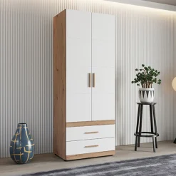 Guardaroba 2 Ante > Dmora Guardaroba 2 Ante Bianco Opaco Marrone Rovere Nodi Appendiabiti 3 Cassetti 79x208h cm, un Ripiano - Venas Marrone Rovere nodi, Bianco Opaco