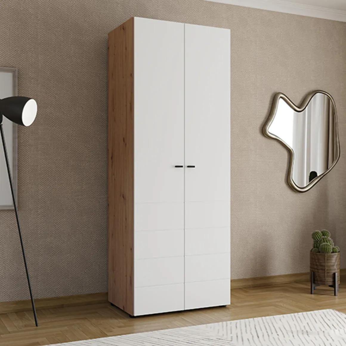 Guardaroba 2 Ante > Dmora Guardaroba 2 Ante Bianco Opaco Nero 2 Ripiani Appendiabiti 195x205h cm, Apertura Scorrevole - Asilah Nero, Bianco Opaco