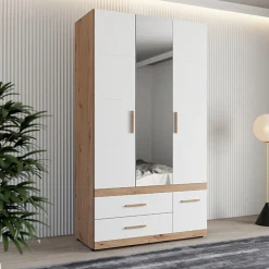 Guardaroba 3 Ante > Dmora Guardaroba 3 Ante Bianco Opaco Marrone Rovere Nodi Appendiabiti 3 Cassetti 117x52 cm, 2 Ripiani - Yelapa Marrone Rovere nodi, Bianco Opaco