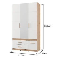 Guardaroba 3 Ante > Dmora Guardaroba 3 Ante Bianco Opaco Marrone Rovere Nodi Appendiabiti 3 Cassetti 117x52 cm, 2 Ripiani - Yelapa Marrone Rovere nodi, Bianco Opaco