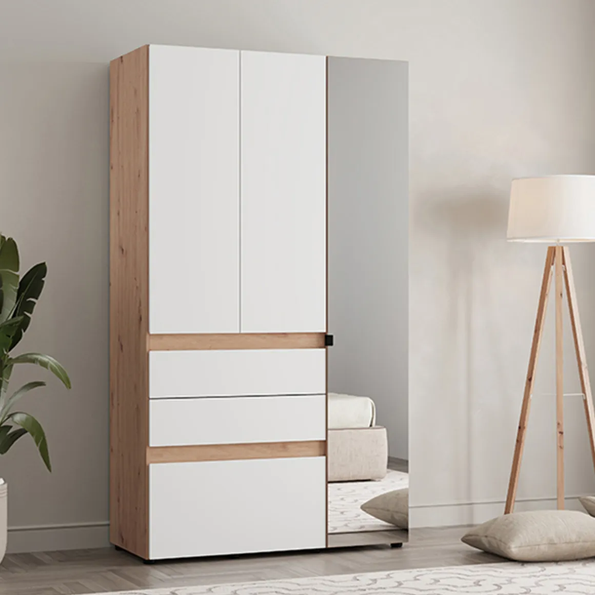 Guardaroba 3 Ante > Dmora Guardaroba 3 Ante Bianco Opaco Marrone Rovere Nodi Appendiabiti 4 Ripiani 117x52 cm, 3 Ante - Ronco Marrone Rovere nodi, Bianco Opaco