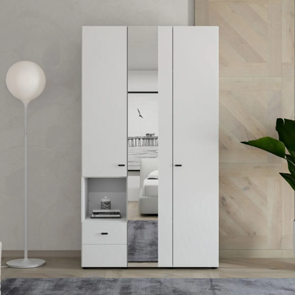 Guardaroba 3 Ante Bianco Opaco Nero Appendiabiti un Cassetto 117x52 cm, 5 Ripiani - Patzcu