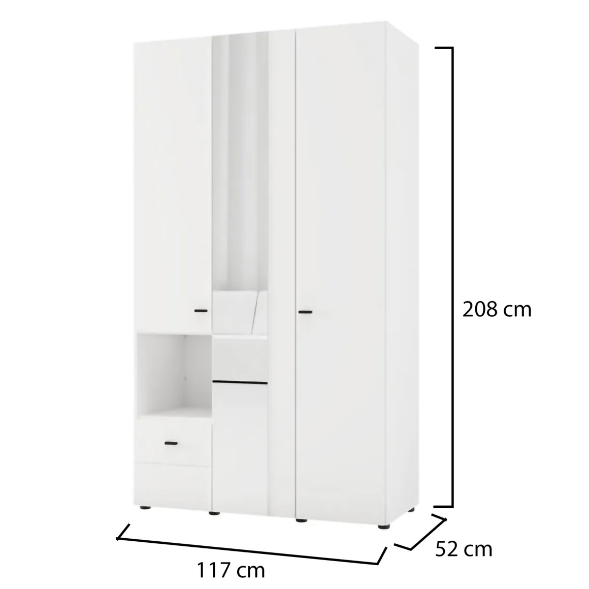 Guardaroba 3 Ante Bianco Opaco Nero Appendiabiti un Cassetto 117x52 cm, 5 Ripiani - Patzcu