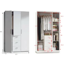 Guardaroba 3 Ante Bianco 4 Ripiani Appendiabiti 117x52 cm, 3 Cassetti - Anama