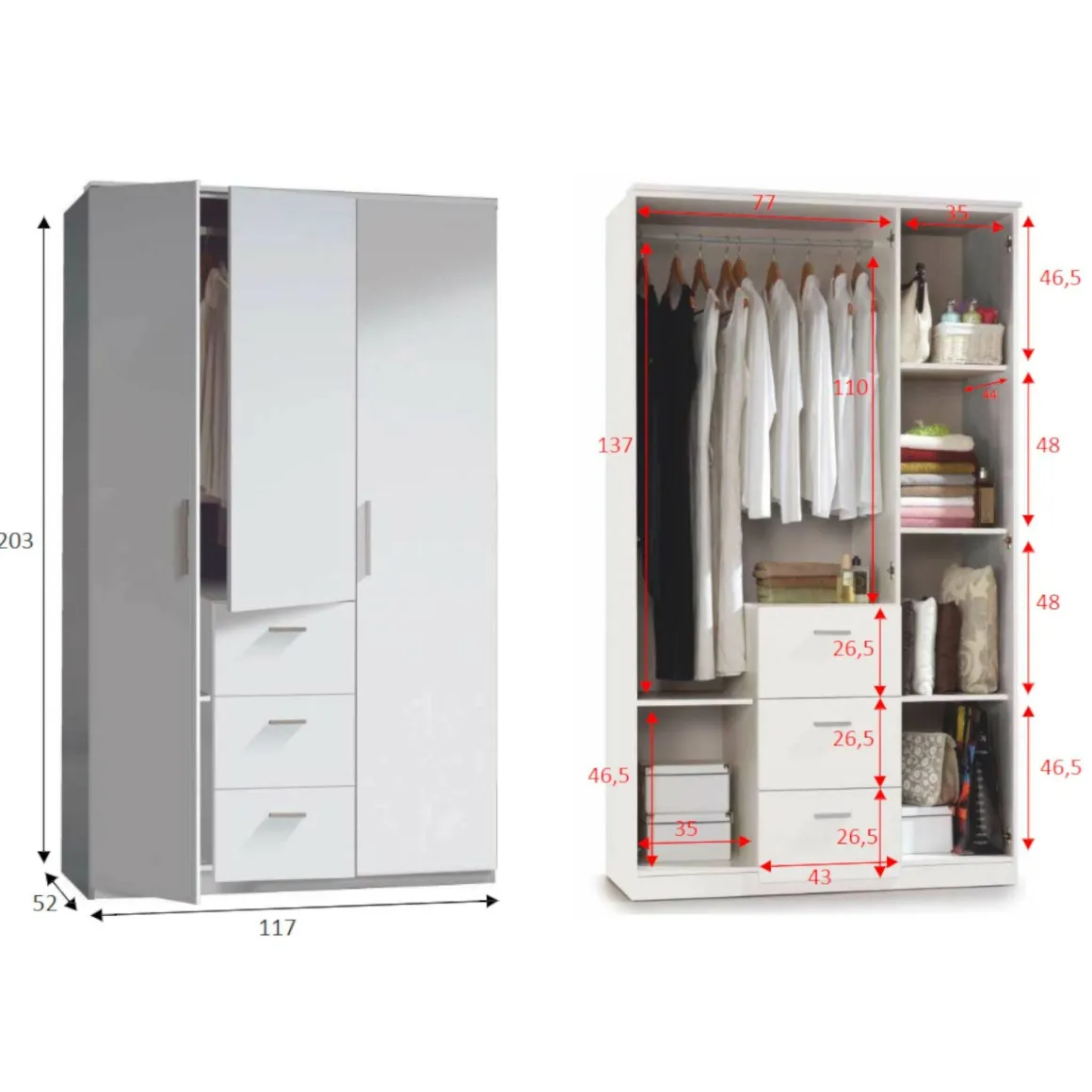 Guardaroba 3 Ante Bianco 4 Ripiani Appendiabiti 117x52 cm, 3 Cassetti - Anama