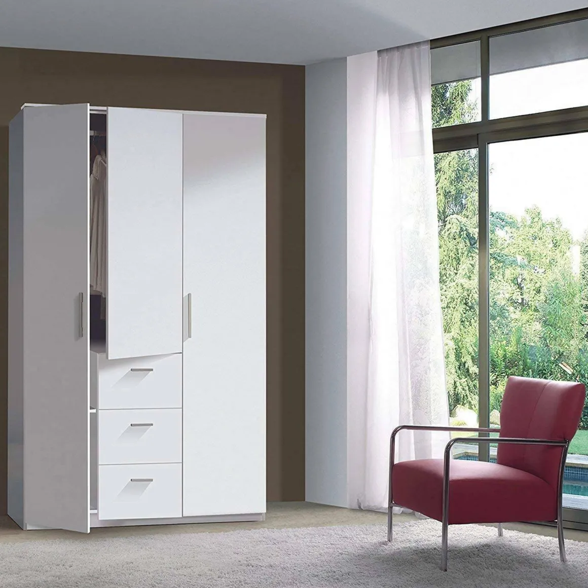 Guardaroba 3 Ante Bianco 4 Ripiani Appendiabiti 117x52 cm, 3 Cassetti - Anama