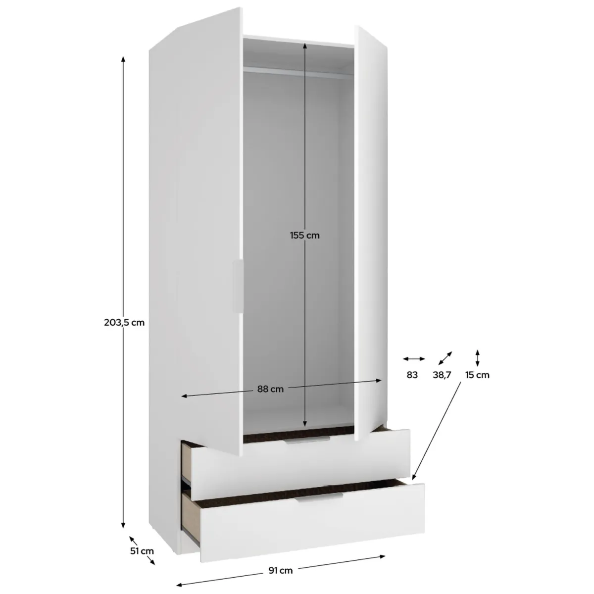 Guardaroba 2 Ante > Dmora Guardaroba 2 Ante un Ripiano Appendiabiti 51x204h cm, 2 Cassetti - Montclare Bianco