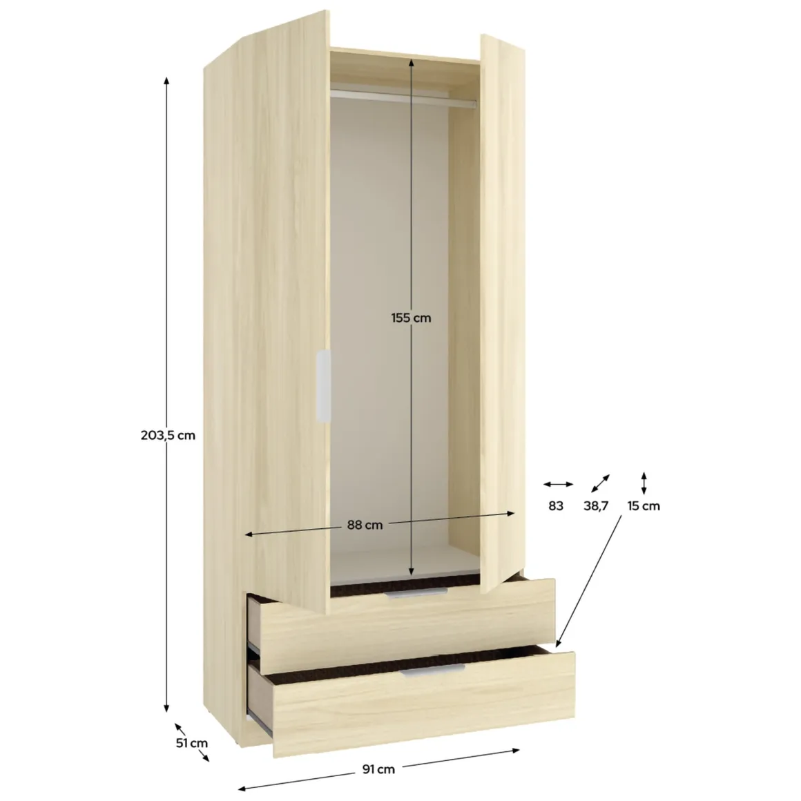 Guardaroba 2 Ante Marrone Bianco Rovere Appendiabiti 2 Cassetti 51x204h cm, un Ripiano - Montclare