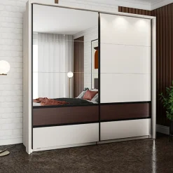 Guardaroba 2 Ante Marrone Noce Bianco Crema 2 Ripiani Appendiabiti 220x217h cm, Apertura Scorrevole - Vangvi