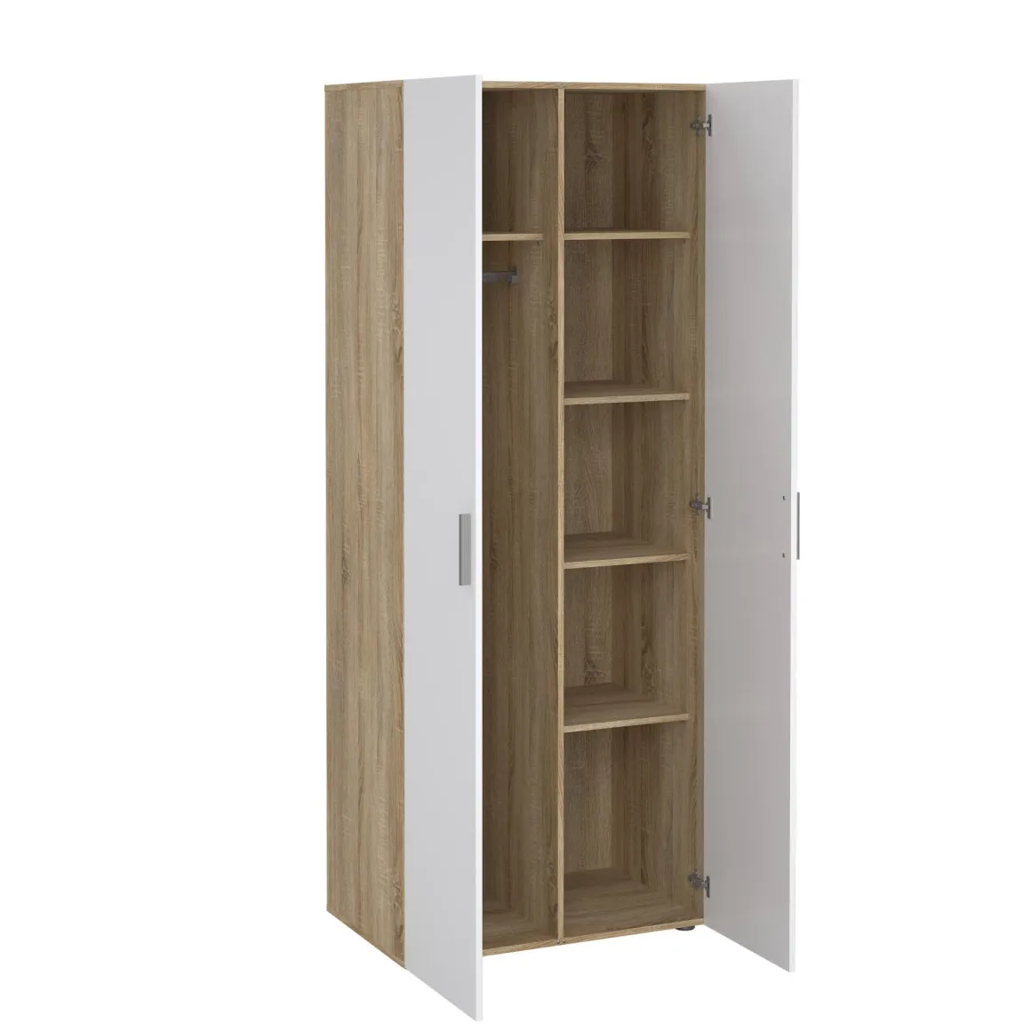 Guardaroba 2 Ante Marrone Quercia Bianco Lucido Appendiabiti 5 Ripiani 78.7x200.9h cm, 2 Ante - Argor