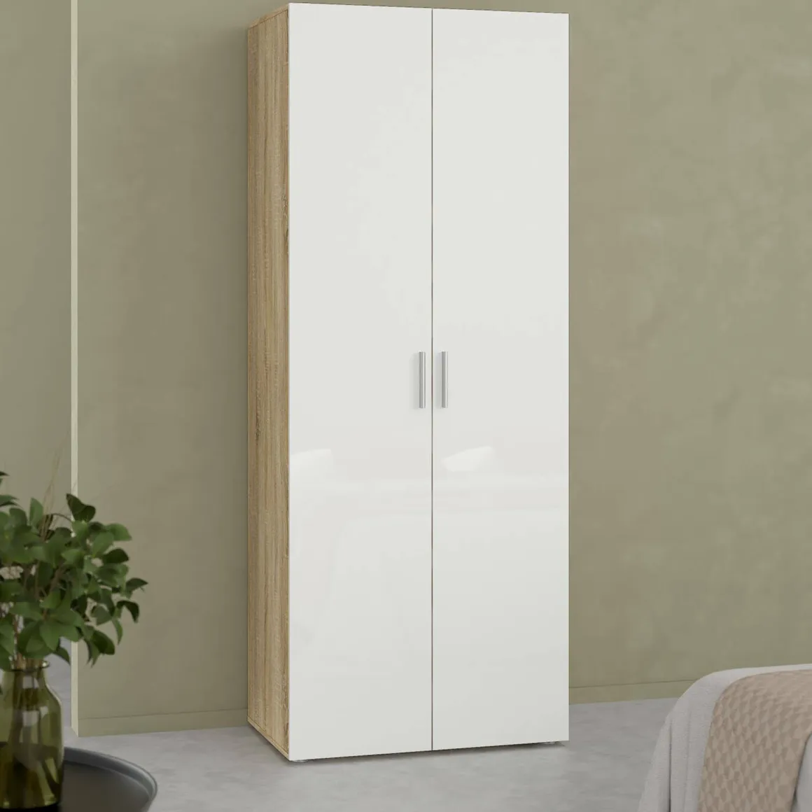 Guardaroba 2 Ante Marrone Quercia Bianco Lucido Appendiabiti 5 Ripiani 78.7x200.9h cm, 2 Ante - Argor