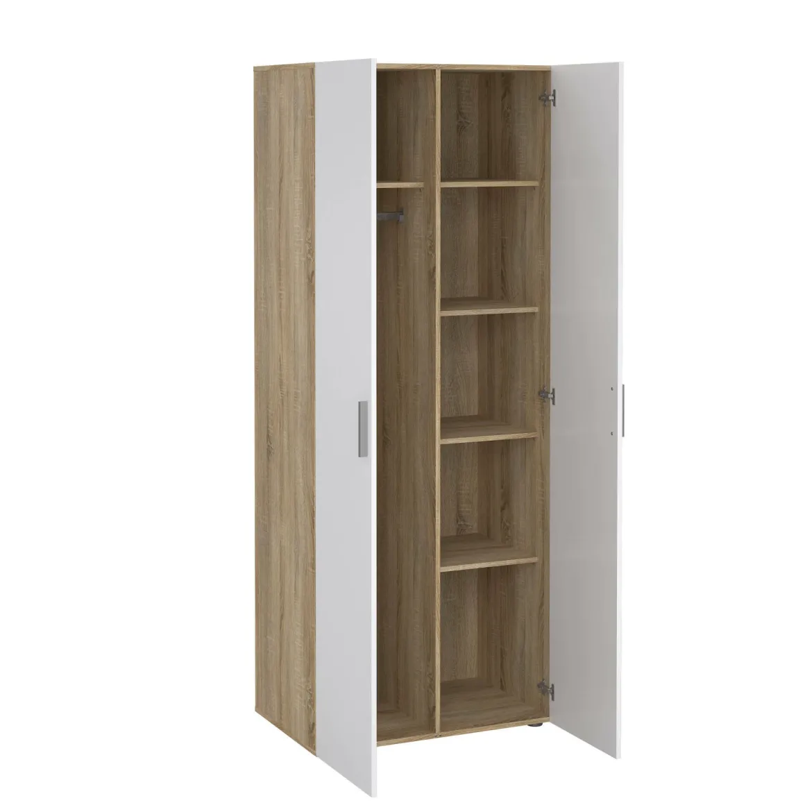 Guardaroba 2 Ante Marrone Quercia Bianco Lucido Appendiabiti 5 Ripiani 78.7x200.9h cm, 2 Ante - Argor