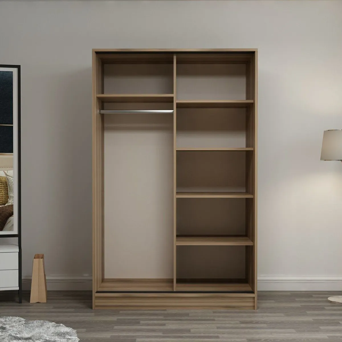 Guardaroba 2 Ante > Dmora Guardaroba 2 Ante Marrone Rovere Bianco 5 Ripiani Appendiabiti 120x190h cm, Apertura Scorrevole - Pozzilli Bianco, Marrone Rovere