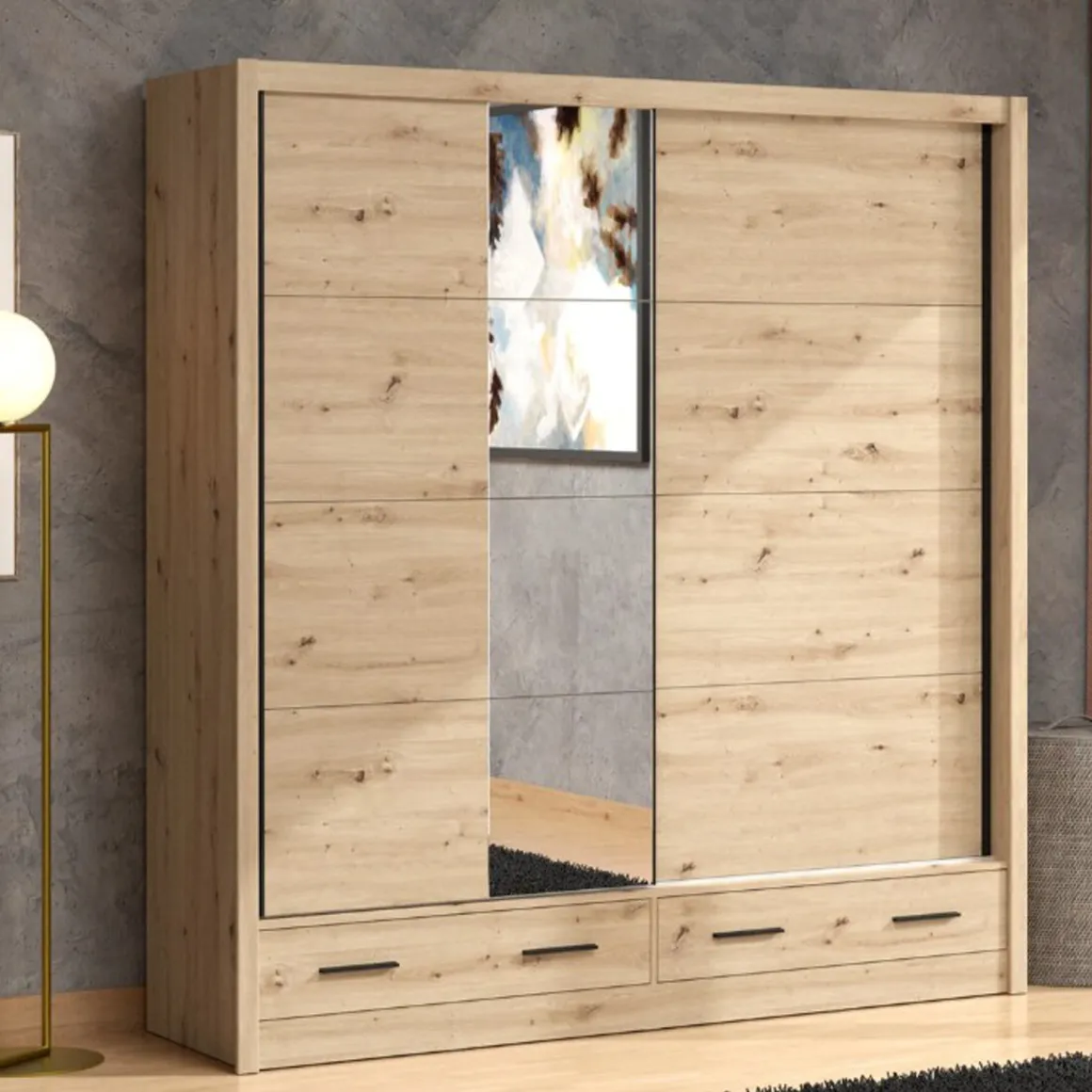Guardaroba 2 Ante Marrone Rovere Nodi 4 Ripiani Appendiabiti 205x216h cm, 2 Cassetti - Copala