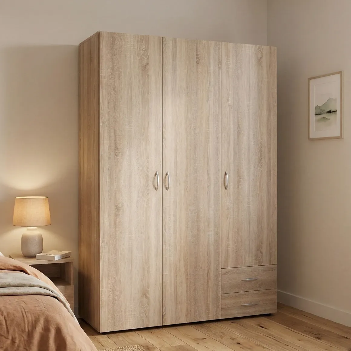 Guardaroba 3 Ante Marrone Rovere 2 Cassetti 3 Ripiani 120x51 cm, Appendiabiti - Toce
