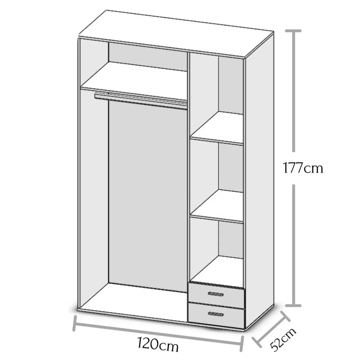 Guardaroba 3 Ante Marrone Rovere 2 Cassetti 3 Ripiani 120x51 cm, Appendiabiti - Toce