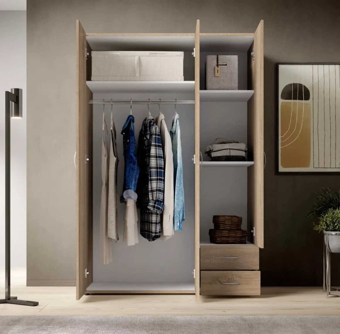 Guardaroba 3 Ante Marrone Rovere 2 Cassetti 3 Ripiani 120x51 cm, Appendiabiti - Toce
