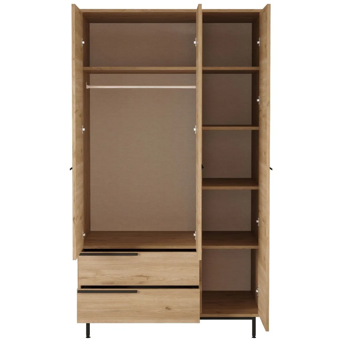 Guardaroba 3 Ante Marrone Rovere 5 Ripiani 2 Cassetti 112x55 cm, Appendiabiti - Oricola