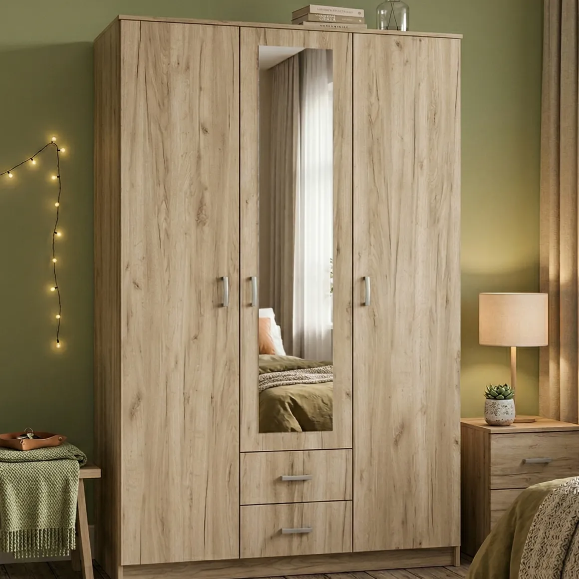 Guardaroba 3 Ante Marrone Rovere Bianco Appendiabiti 2 Cassetti 120x52 cm, 4 Ripiani - Crati