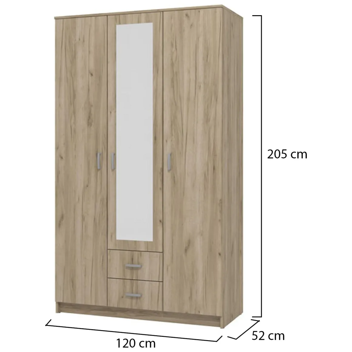 Guardaroba 3 Ante Marrone Rovere Bianco Appendiabiti 2 Cassetti 120x52 cm, 4 Ripiani - Crati