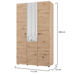 Guardaroba 3 Ante Marrone Rovere Nodi Bianco Appendiabiti un Cassetto 117x52 cm, 4 Ripiani - Serram