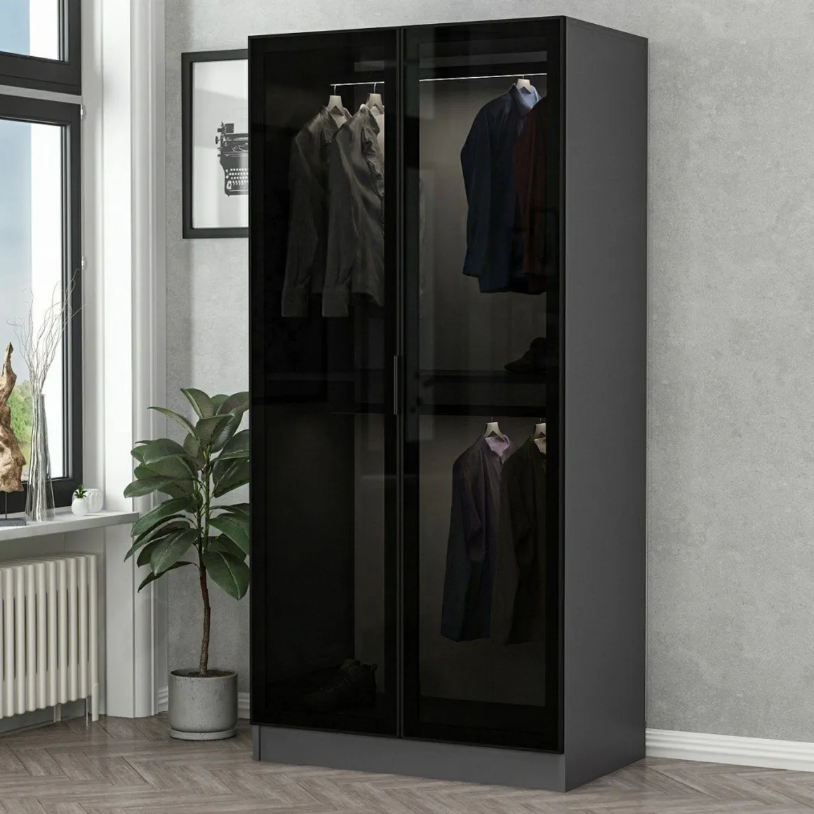 Guardaroba 2 Ante > Dmora Guardaroba 2 Ante Nero Antracite Marrone Rovere 2 Ripiani 2 Ante 77x119h cm, Apertura Scorrevole - Stelvio Marrone Rovere, Nero Antracite