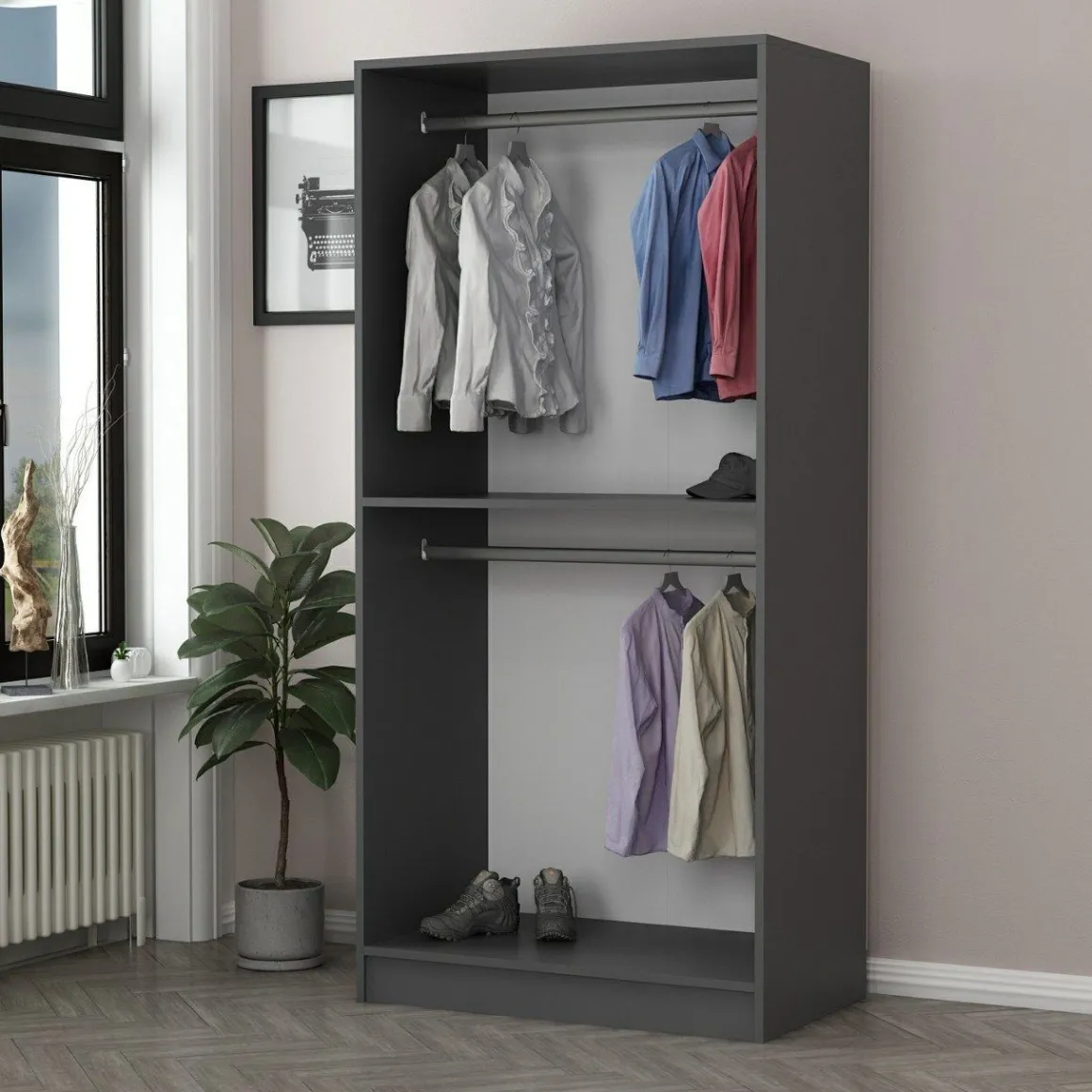 Guardaroba 2 Ante > Dmora Guardaroba 2 Ante Nero Antracite Marrone Rovere 2 Ripiani 2 Ante 77x119h cm, Apertura Scorrevole - Stelvio Marrone Rovere, Nero Antracite